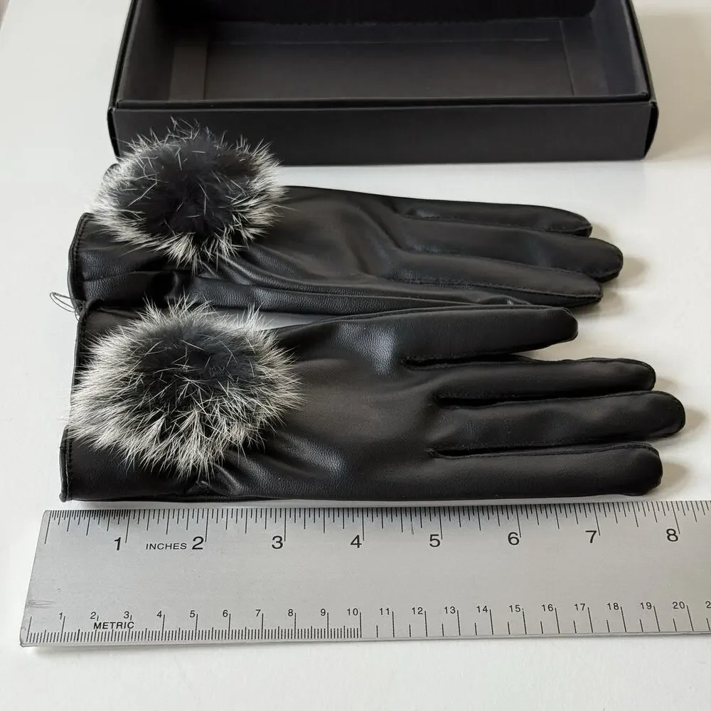 NIB Faux BlackLeather Gloves Faux Fur Pom Detail Mob Wife Aesthetic Women Size M